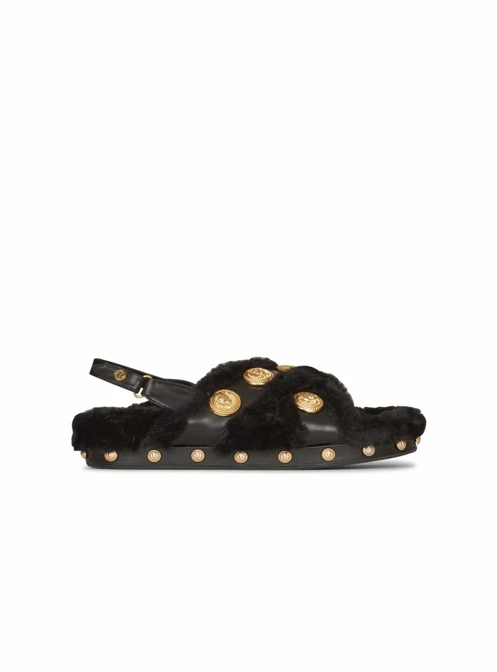 Balmain Flats Womens Faux Fur And Leather Tam Flat Sandals Black