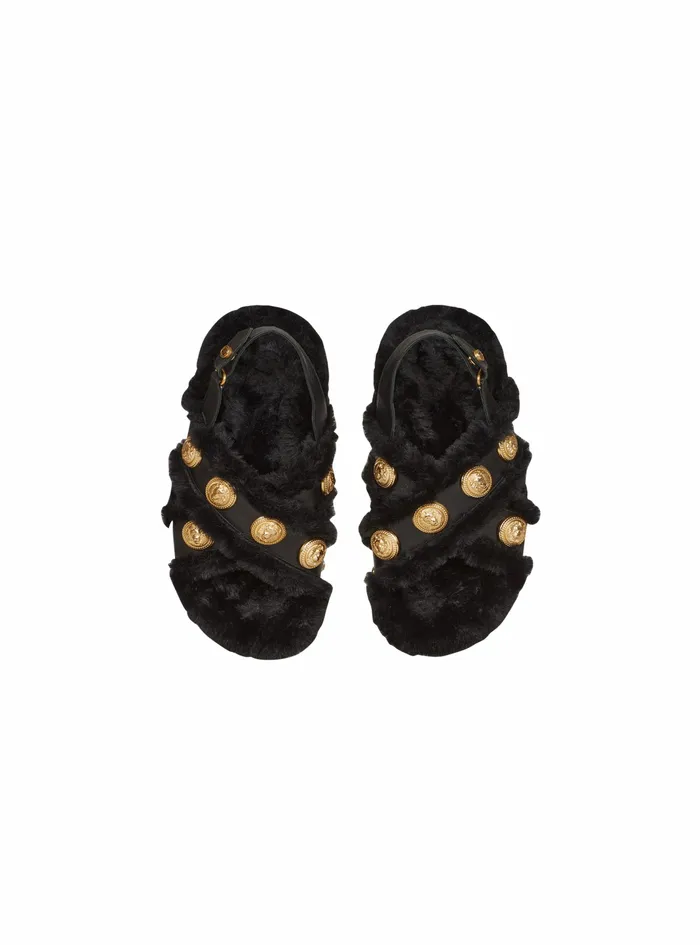Balmain Flats Womens Faux Fur And Leather Tam Flat Sandals Black Balmain Flats Womens Faux Fur And Leather Tam Flat Sandals Black
