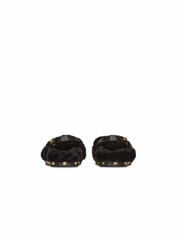 Balmain Flats Womens Faux Fur And Leather Tam Flat Sandals Black Balmain Flats Womens Faux Fur And Leather Tam Flat Sandals Black
