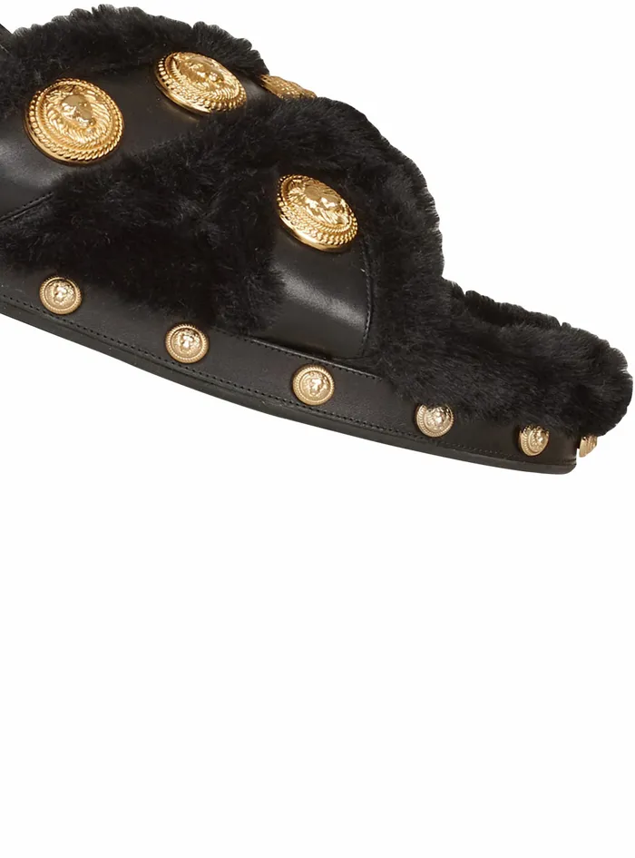 Balmain Flats Womens Faux Fur And Leather Tam Flat Sandals Black Balmain Flats Womens Faux Fur And Leather Tam Flat Sandals Black