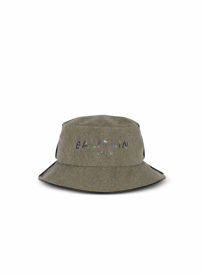 Balmain Hats Mens Cotton Canvas Bucket Hat With Balmain Paris Logo Khaki