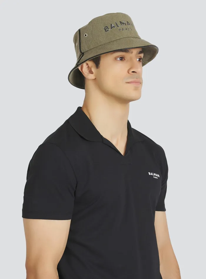 Balmain Hats Mens Cotton Canvas Bucket Hat With Balmain Paris Logo Khaki Balmain Hats Mens Cotton Canvas Bucket Hat With Balmain Paris Logo Khaki