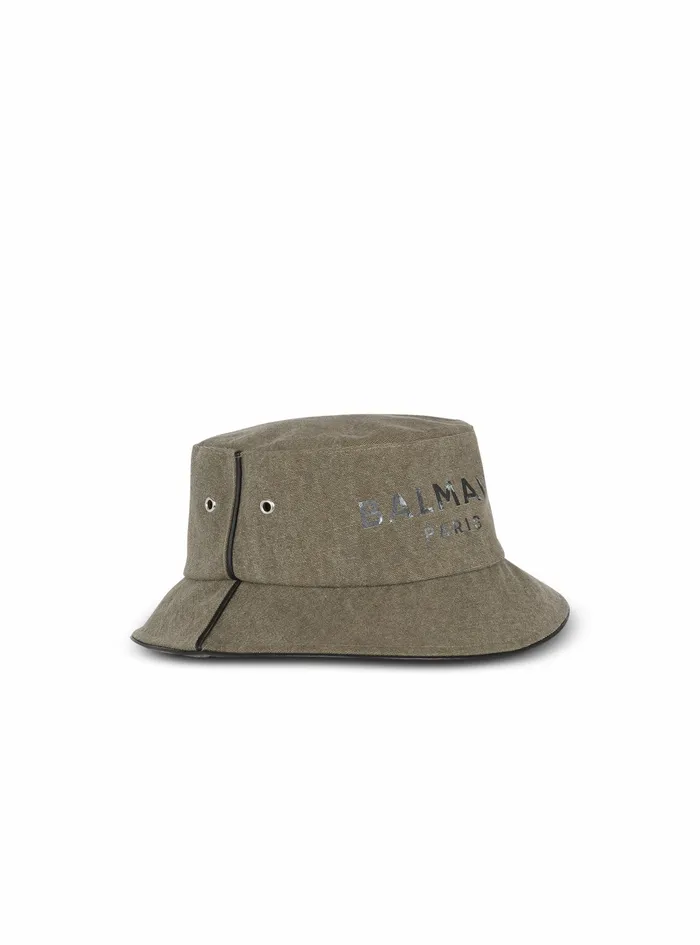 Balmain Hats Mens Cotton Canvas Bucket Hat With Balmain Paris Logo Khaki Balmain Hats Mens Cotton Canvas Bucket Hat With Balmain Paris Logo Khaki