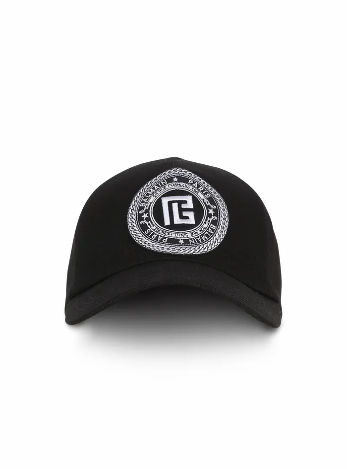Balmain Hats Mens Cotton Cap With Balmain Monogram Badge Black