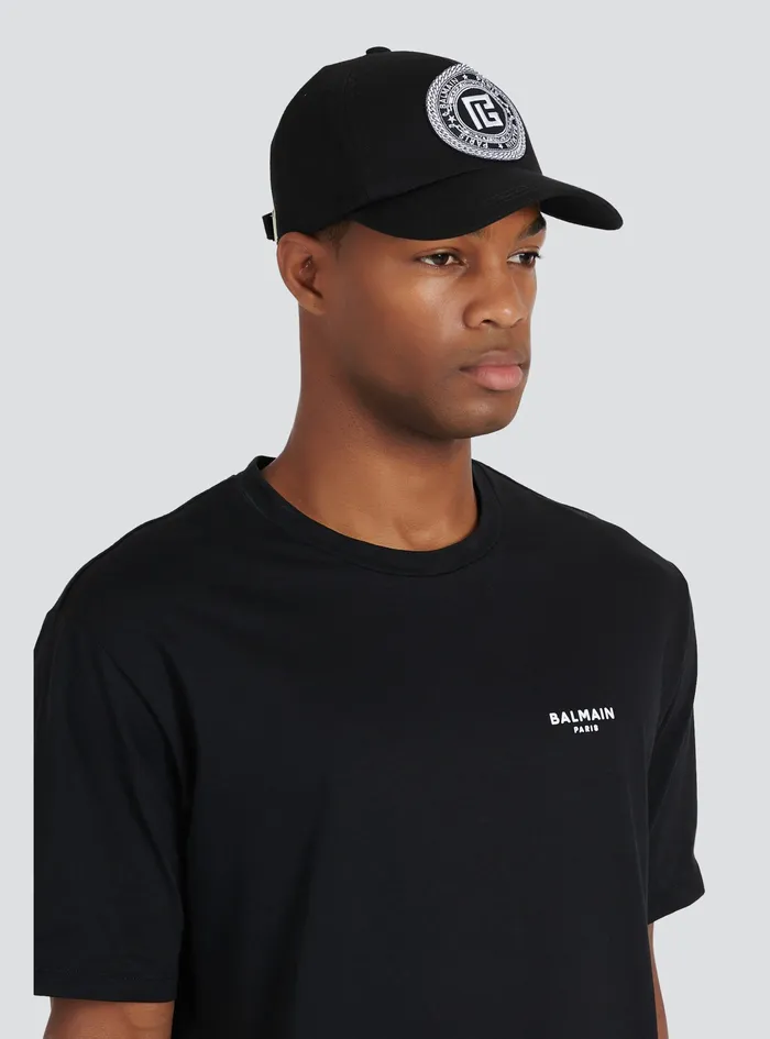 Balmain Hats Mens Cotton Cap With Balmain Monogram Badge Black Balmain Hats Mens Cotton Cap With Balmain Monogram Badge Black