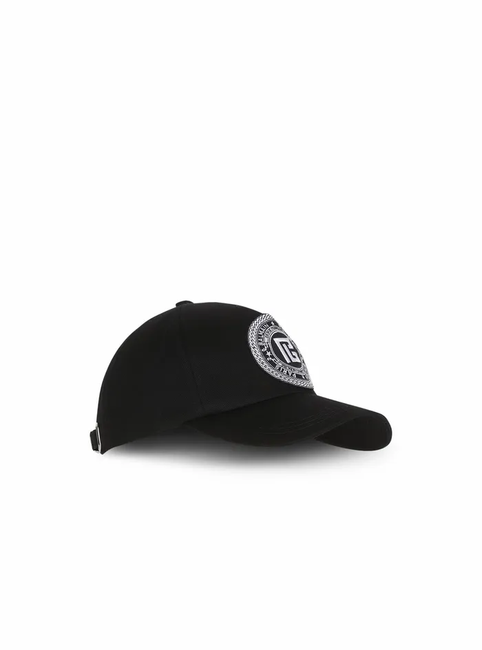 Balmain Hats Mens Cotton Cap With Balmain Monogram Badge Black Balmain Hats Mens Cotton Cap With Balmain Monogram Badge Black