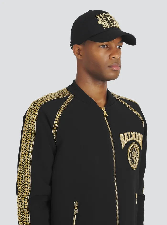 Balmain Hats Mens Cotton Cap With Studded Balmain Logo Embroidery Gold Balmain Hats Mens Cotton Cap With Studded Balmain Logo Embroidery Gold