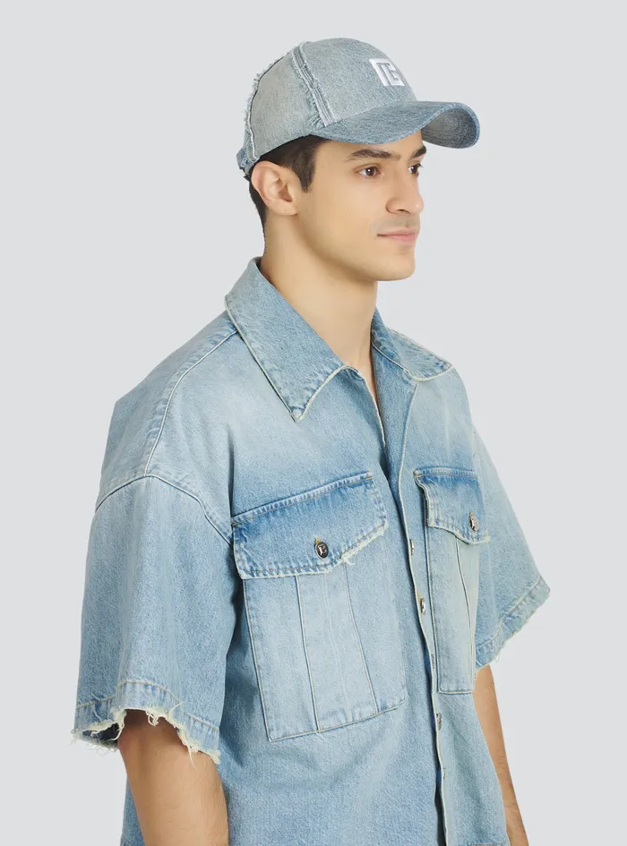 Balmain Hats Mens EcoDesigned Cotton Denim Cap With Embroidered Balmain Monogram Blue Balmain Hats Mens EcoDesigned Cotton Denim Cap With Embroidered Balmain Monogram Blue