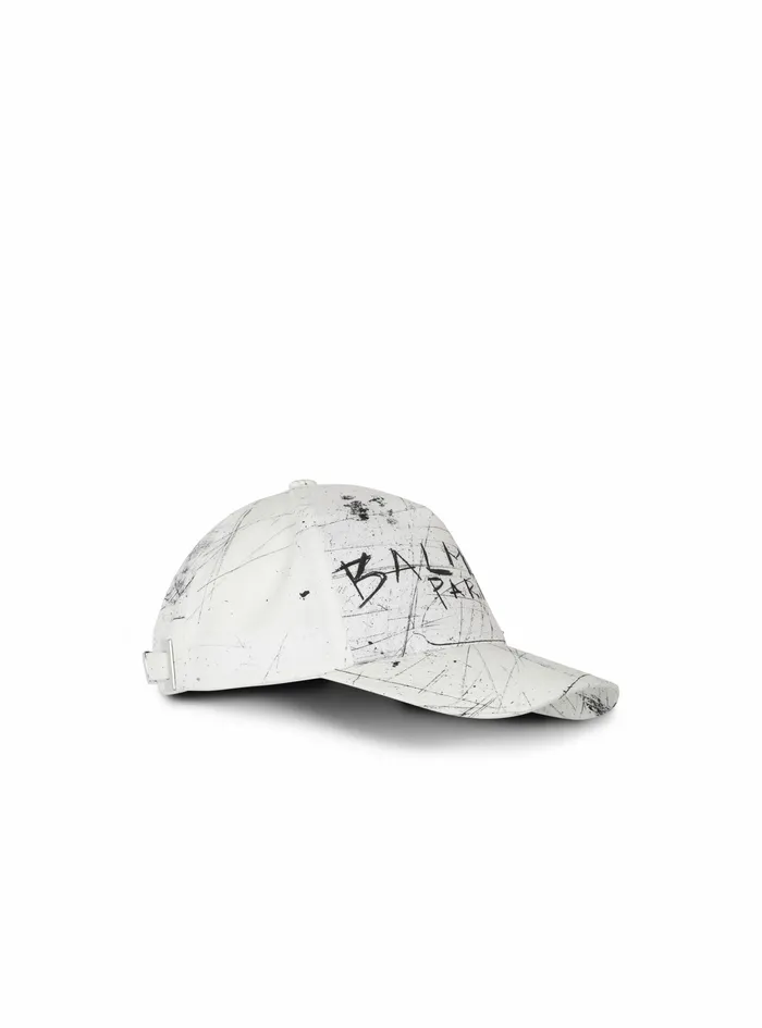 Balmain Hats Womens Cotton Cap With Graffiti Balmain Logo White Balmain Hats Womens Cotton Cap With Graffiti Balmain Logo White