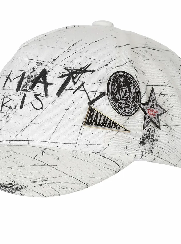 Balmain Hats Womens Cotton Cap With Graffiti Balmain Logo White Balmain Hats Womens Cotton Cap With Graffiti Balmain Logo White