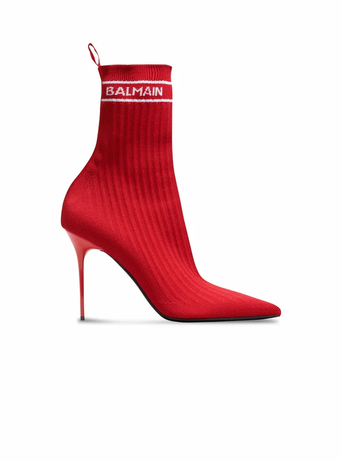 Balmain High Heels Womens Stretch Knit Skye Ankle Boots Red