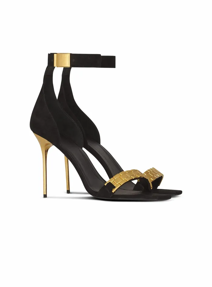 Balmain High Heels Womens Suede Uma Sandals Black Balmain High Heels Womens Suede Uma Sandals Black