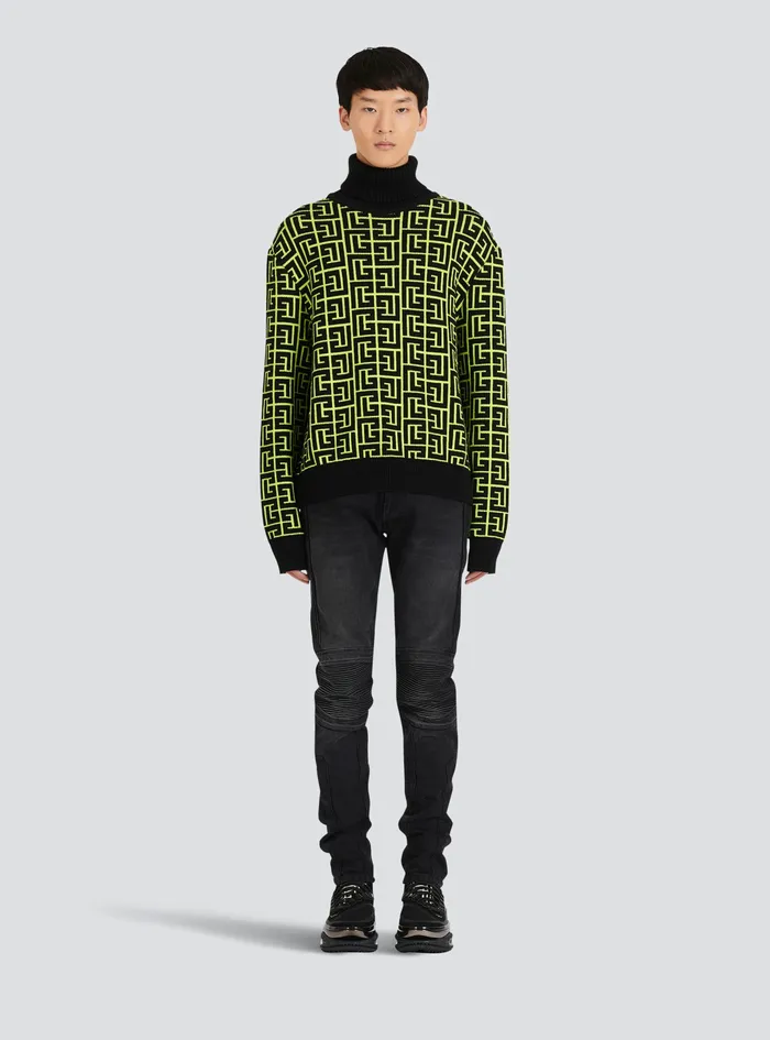 Balmain Knitwear Mens Capsule After Ski Balmain Monogram Merino Wool Turtleneck Sweater Yellow
