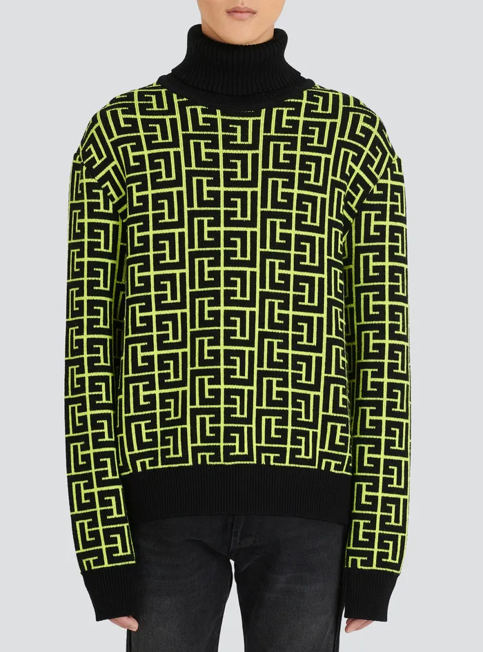 Balmain Knitwear Mens Capsule After Ski Balmain Monogram Merino Wool Turtleneck Sweater Yellow
