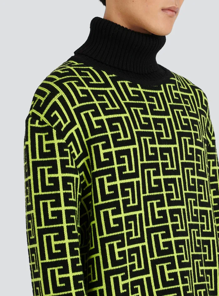 Balmain Knitwear Mens Capsule After Ski Balmain Monogram Merino Wool Turtleneck Sweater Yellow