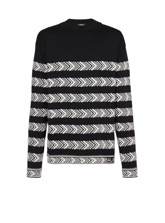 Balmain Knitwear Mens Chevron Wool Sweater Black