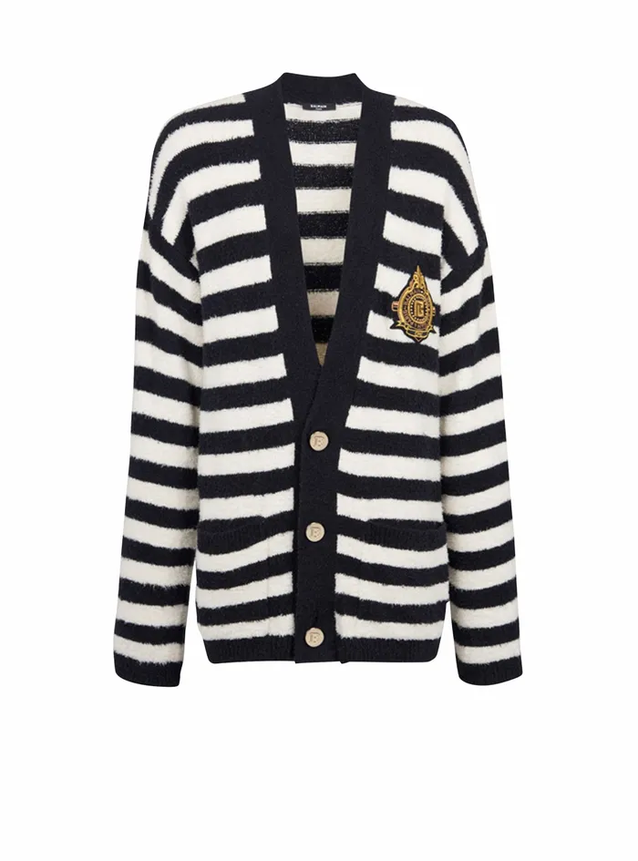 Balmain Knitwear Mens Cotton Cardigan With Strippes And Balmain Badge Black