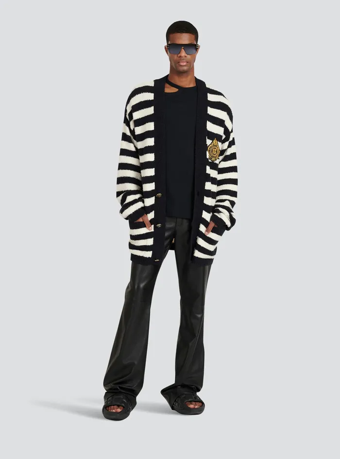 Balmain Knitwear Mens Cotton Cardigan With Strippes And Balmain Badge Black Balmain Knitwear Mens Cotton Cardigan With Strippes And Balmain Badge Black