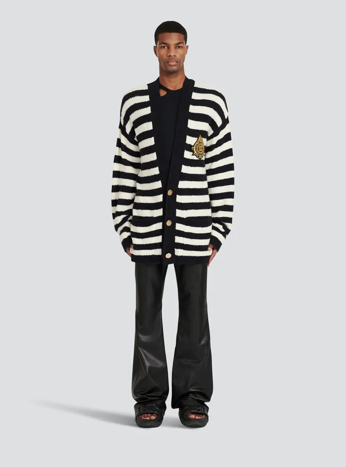 Balmain Knitwear Mens Cotton Cardigan With Strippes And Balmain Badge Black Balmain Knitwear Mens Cotton Cardigan With Strippes And Balmain Badge Black