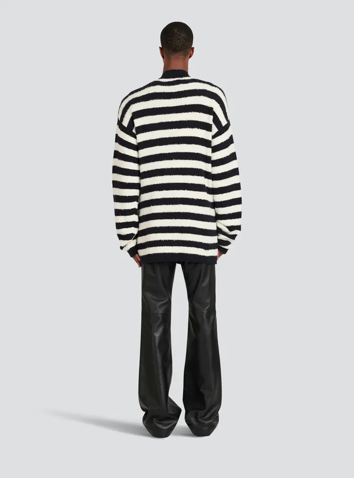Balmain Knitwear Mens Cotton Cardigan With Strippes And Balmain Badge Black Balmain Knitwear Mens Cotton Cardigan With Strippes And Balmain Badge Black