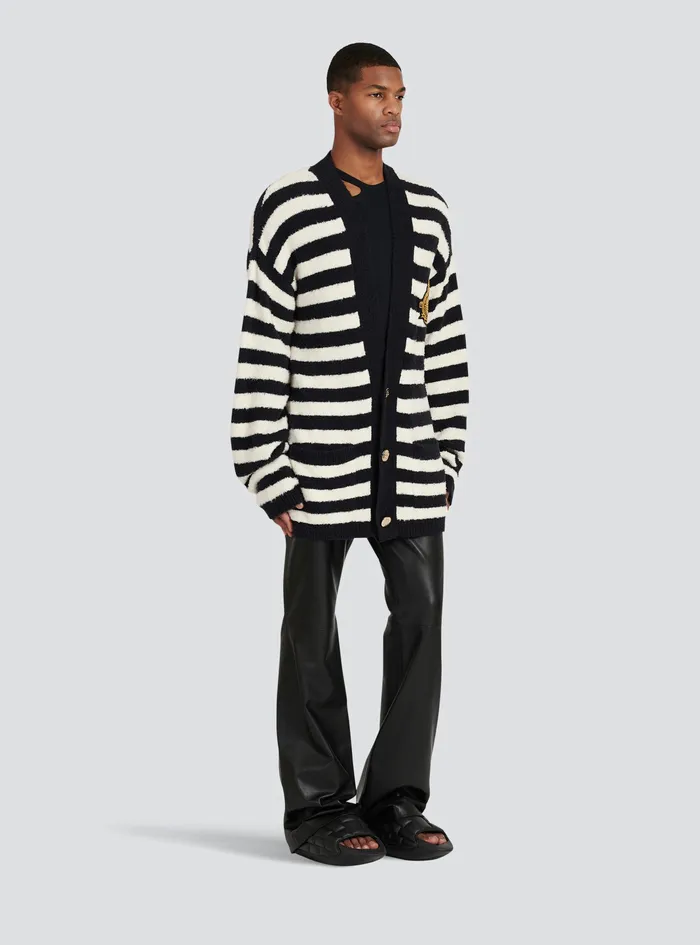 Balmain Knitwear Mens Cotton Cardigan With Strippes And Balmain Badge Black Balmain Knitwear Mens Cotton Cardigan With Strippes And Balmain Badge Black