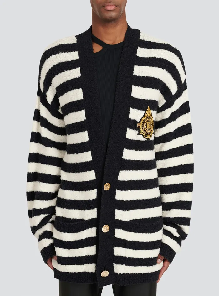 Balmain Knitwear Mens Cotton Cardigan With Strippes And Balmain Badge Black Balmain Knitwear Mens Cotton Cardigan With Strippes And Balmain Badge Black