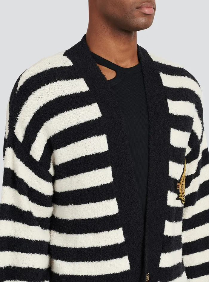 Balmain Knitwear Mens Cotton Cardigan With Strippes And Balmain Badge Black Balmain Knitwear Mens Cotton Cardigan With Strippes And Balmain Badge Black