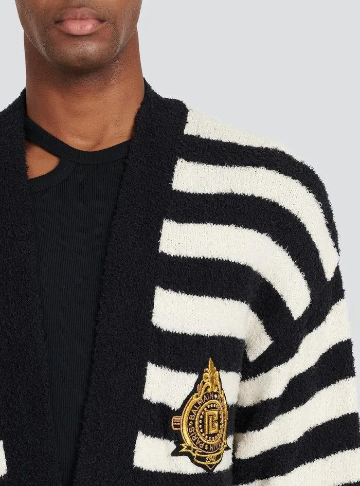 Balmain Knitwear Mens Cotton Cardigan With Strippes And Balmain Badge Black Balmain Knitwear Mens Cotton Cardigan With Strippes And Balmain Badge Black