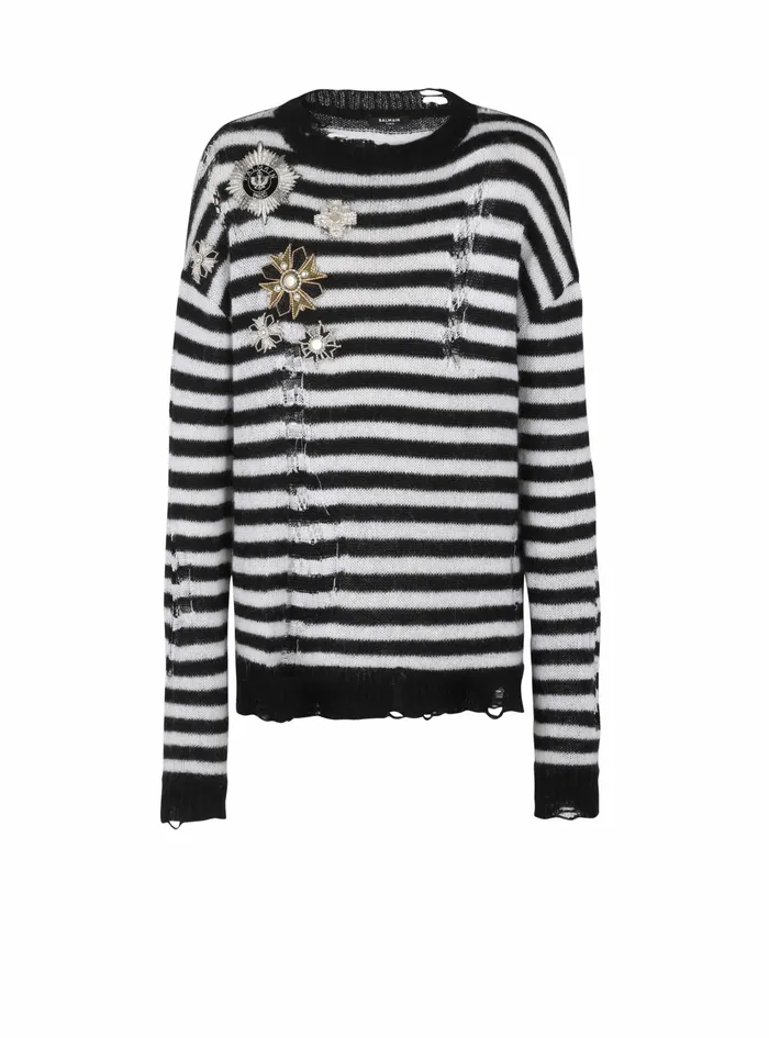 Balmain Knitwear Mens Unisex 8211 Ripped Knit Nautical Sweater With Brooches Black Balmain Knitwear Mens Unisex 8211 Ripped Knit Nautical Sweater With Brooches Black