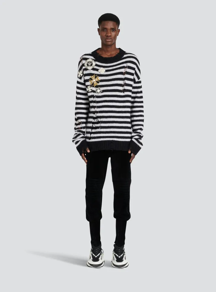 Balmain Knitwear Mens Unisex 8211 Ripped Knit Nautical Sweater With Brooches Black