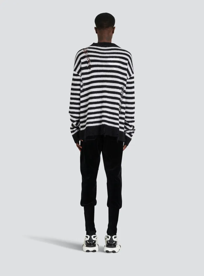 Balmain Knitwear Mens Unisex 8211 Ripped Knit Nautical Sweater With Brooches Black
