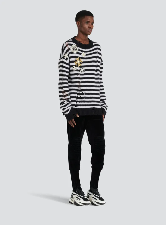 Balmain Knitwear Mens Unisex 8211 Ripped Knit Nautical Sweater With Brooches Black