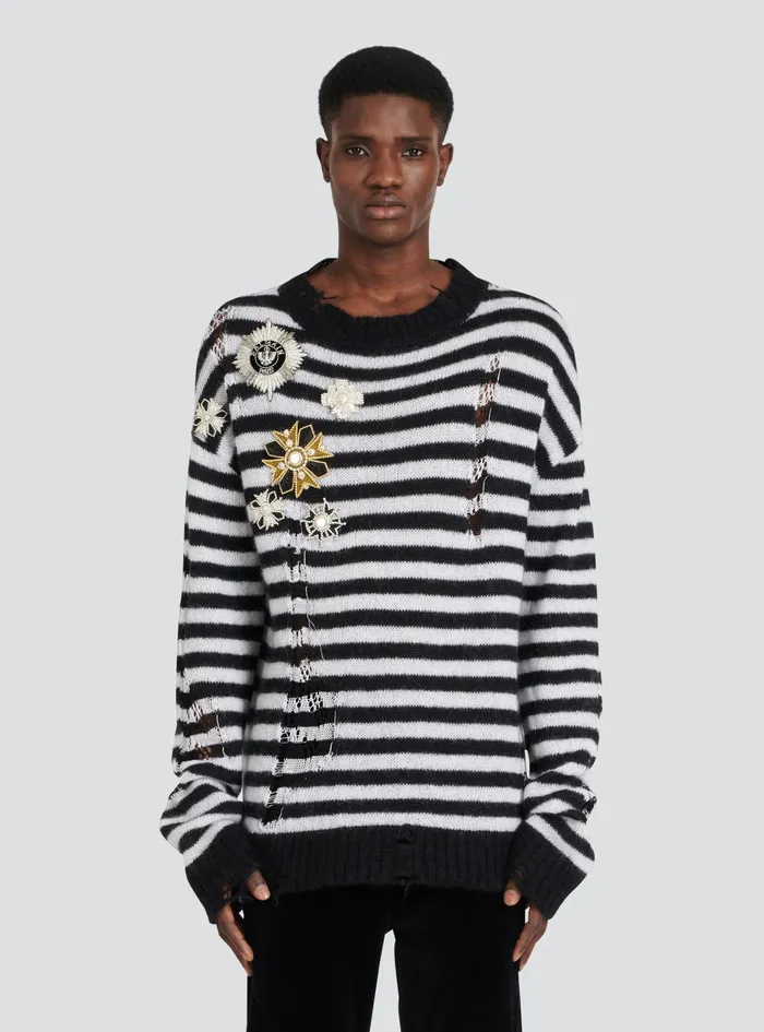 Balmain Knitwear Mens Unisex 8211 Ripped Knit Nautical Sweater With Brooches Black