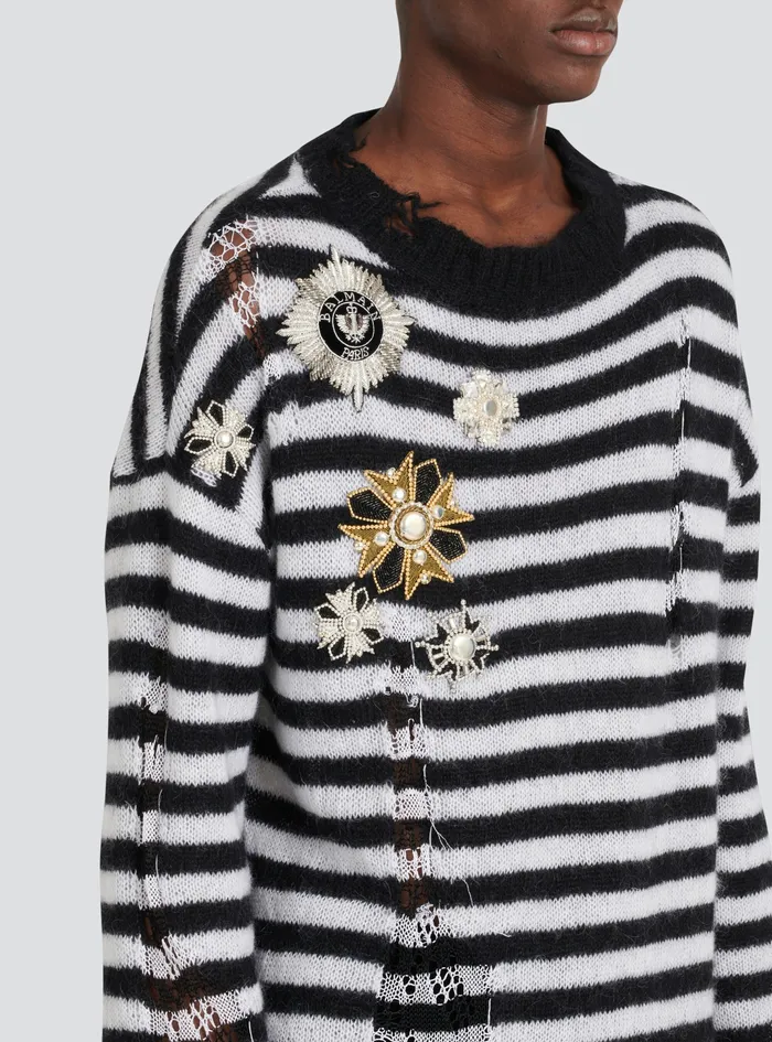 Balmain Knitwear Mens Unisex 8211 Ripped Knit Nautical Sweater With Brooches Black