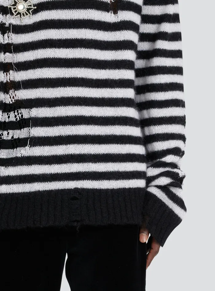 Balmain Knitwear Mens Unisex 8211 Ripped Knit Nautical Sweater With Brooches Black