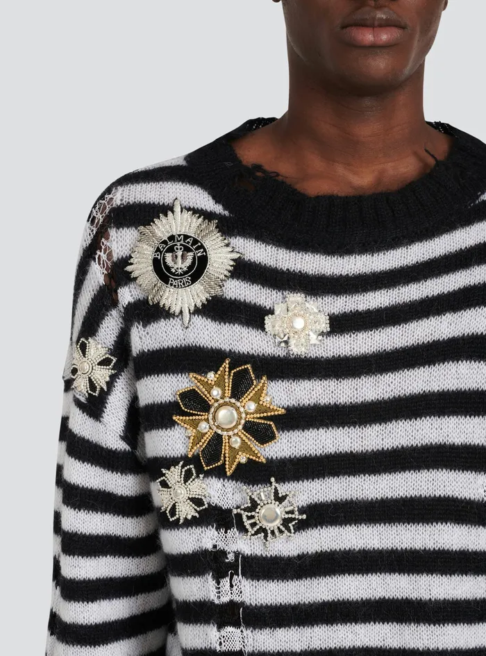 Balmain Knitwear Mens Unisex 8211 Ripped Knit Nautical Sweater With Brooches Black