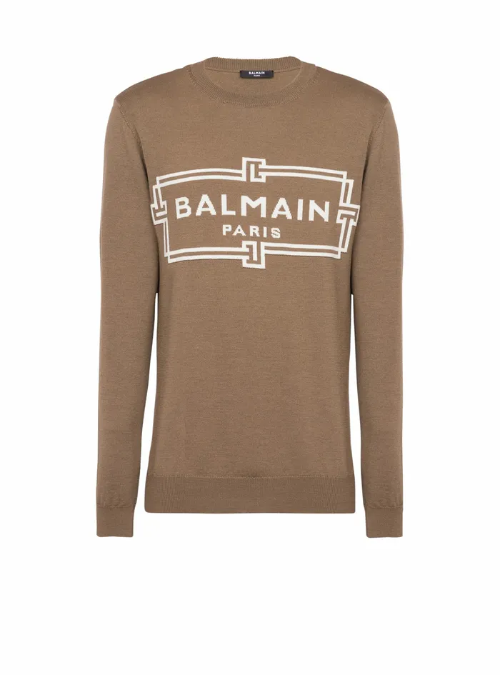 Balmain Knitwear Mens Wool Sweater With Balmain Paris Logo Brown
