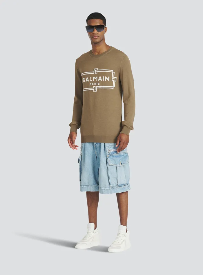 Balmain Knitwear Mens Wool Sweater With Balmain Paris Logo Brown Balmain Knitwear Mens Wool Sweater With Balmain Paris Logo Brown