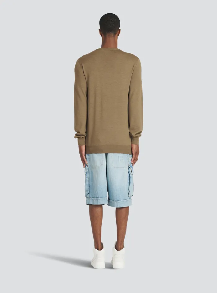Balmain Knitwear Mens Wool Sweater With Balmain Paris Logo Brown Balmain Knitwear Mens Wool Sweater With Balmain Paris Logo Brown