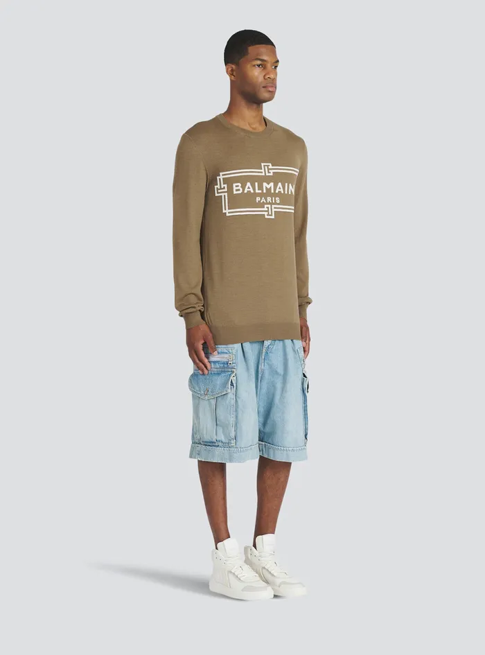 Balmain Knitwear Mens Wool Sweater With Balmain Paris Logo Brown Balmain Knitwear Mens Wool Sweater With Balmain Paris Logo Brown