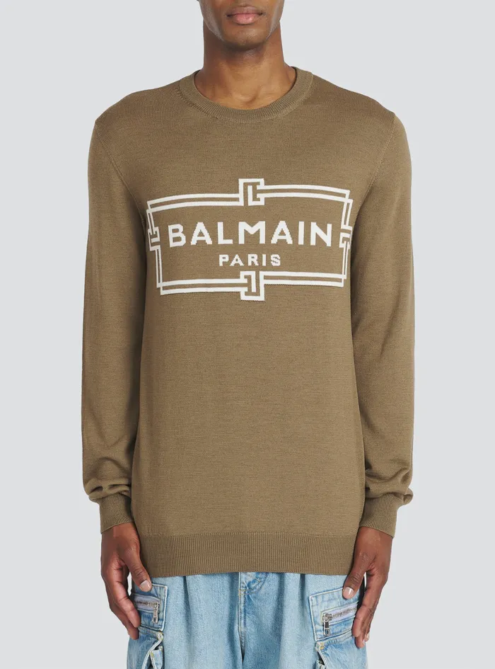 Balmain Knitwear Mens Wool Sweater With Balmain Paris Logo Brown Balmain Knitwear Mens Wool Sweater With Balmain Paris Logo Brown