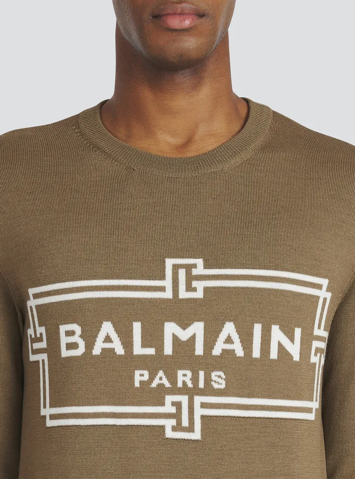 Balmain Knitwear Mens Wool Sweater With Balmain Paris Logo Brown Balmain Knitwear Mens Wool Sweater With Balmain Paris Logo Brown