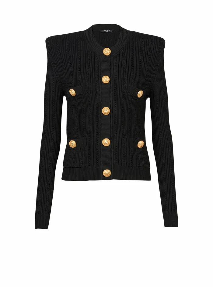 Balmain Knitwear Womens Cropped EcoDesigned Knit Cardigan With GoldTone Buttons Black Balmain Knitwear Womens Cropped EcoDesigned Knit Cardigan With GoldTone Buttons Black