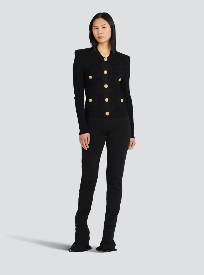 Balmain Knitwear Womens Cropped EcoDesigned Knit Cardigan With GoldTone Buttons Black Balmain Knitwear Womens Cropped EcoDesigned Knit Cardigan With GoldTone Buttons Black