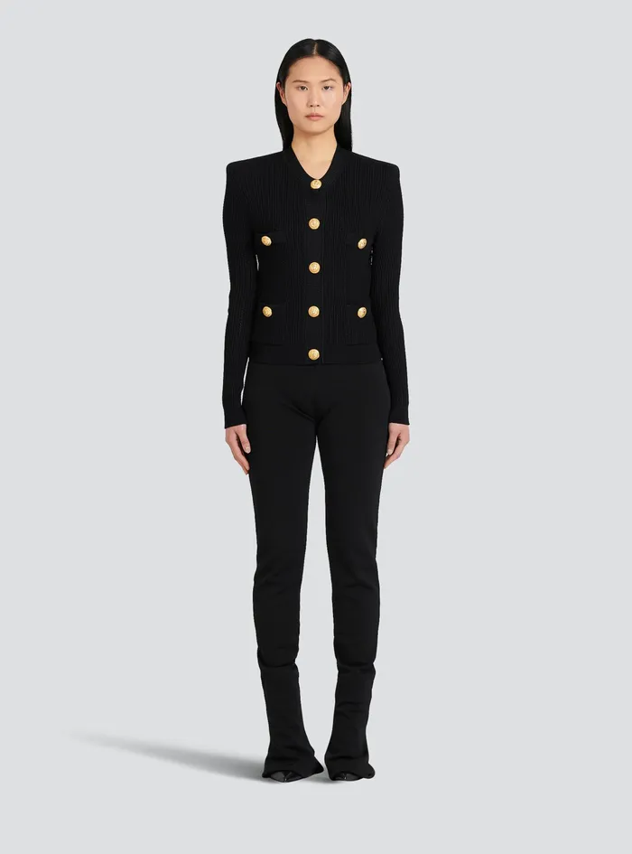Balmain Knitwear Womens Cropped EcoDesigned Knit Cardigan With GoldTone Buttons Black Balmain Knitwear Womens Cropped EcoDesigned Knit Cardigan With GoldTone Buttons Black