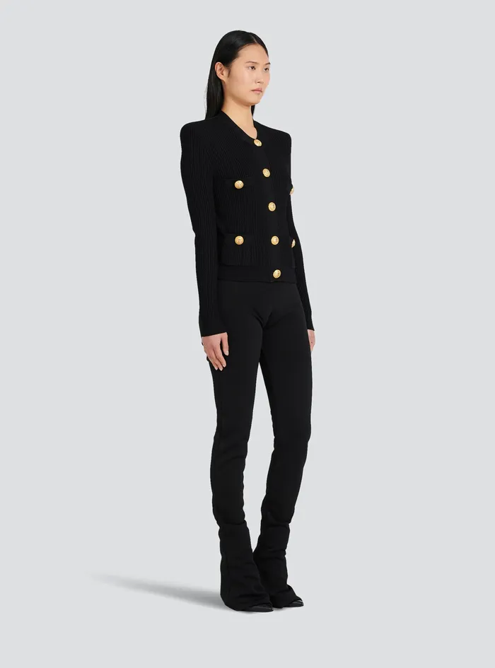 Balmain Knitwear Womens Cropped EcoDesigned Knit Cardigan With GoldTone Buttons Black Balmain Knitwear Womens Cropped EcoDesigned Knit Cardigan With GoldTone Buttons Black