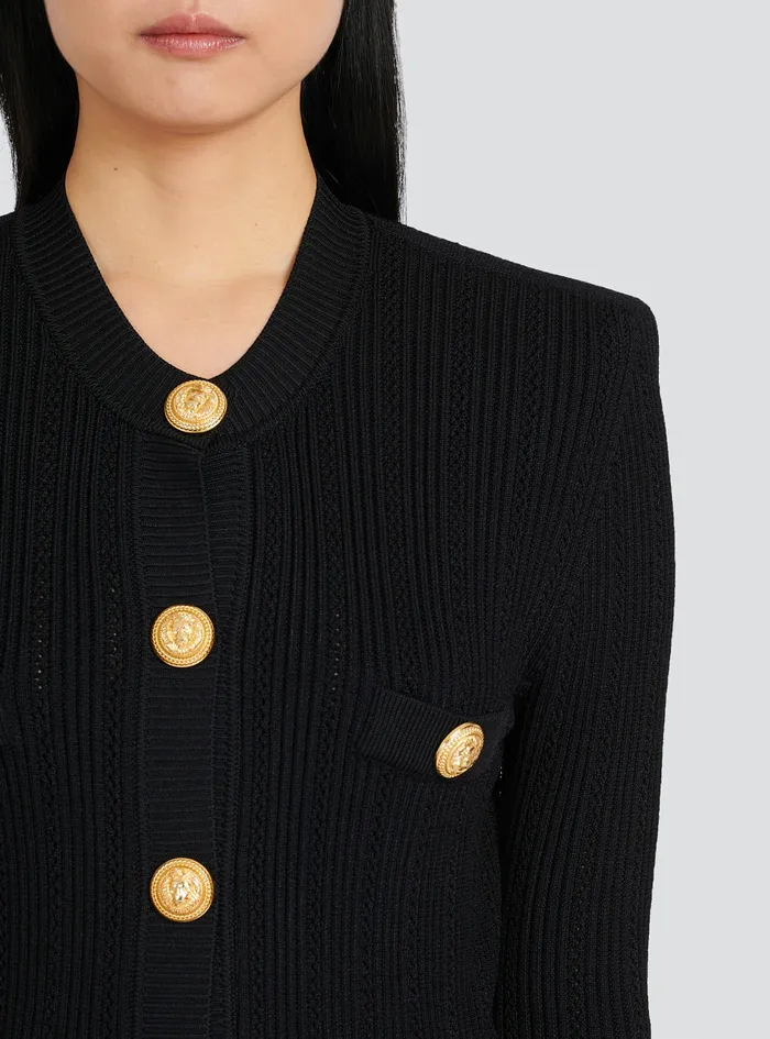 Balmain Knitwear Womens Cropped EcoDesigned Knit Cardigan With GoldTone Buttons Black Balmain Knitwear Womens Cropped EcoDesigned Knit Cardigan With GoldTone Buttons Black