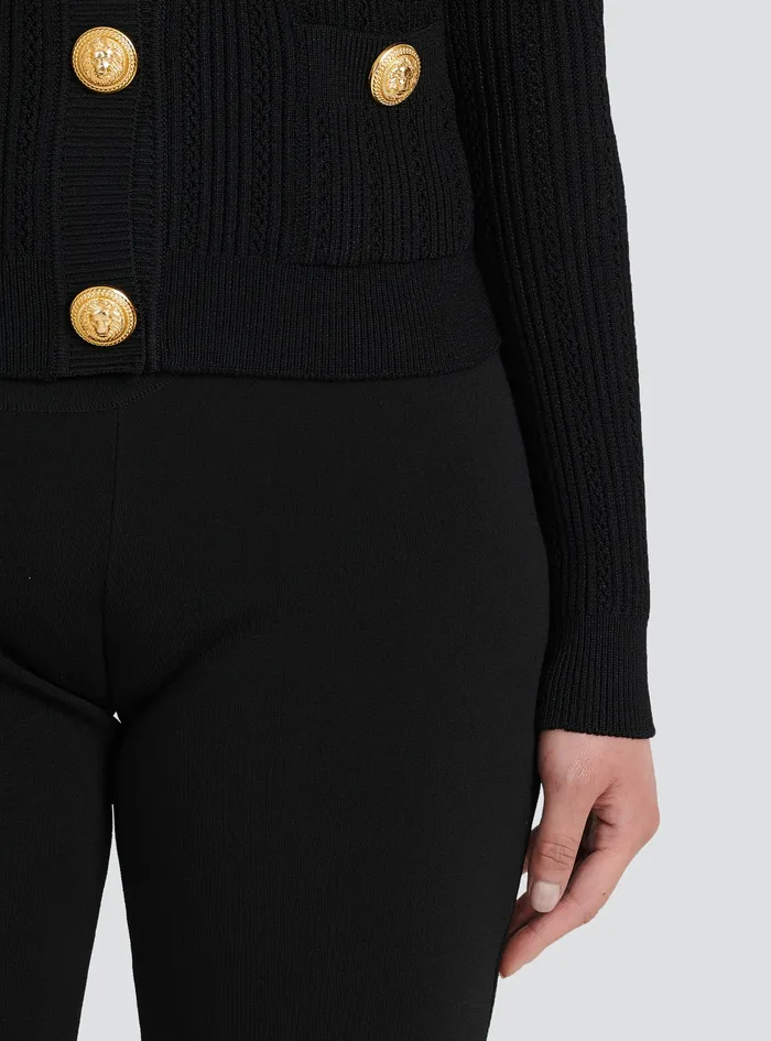 Balmain Knitwear Womens Cropped EcoDesigned Knit Cardigan With GoldTone Buttons Black Balmain Knitwear Womens Cropped EcoDesigned Knit Cardigan With GoldTone Buttons Black