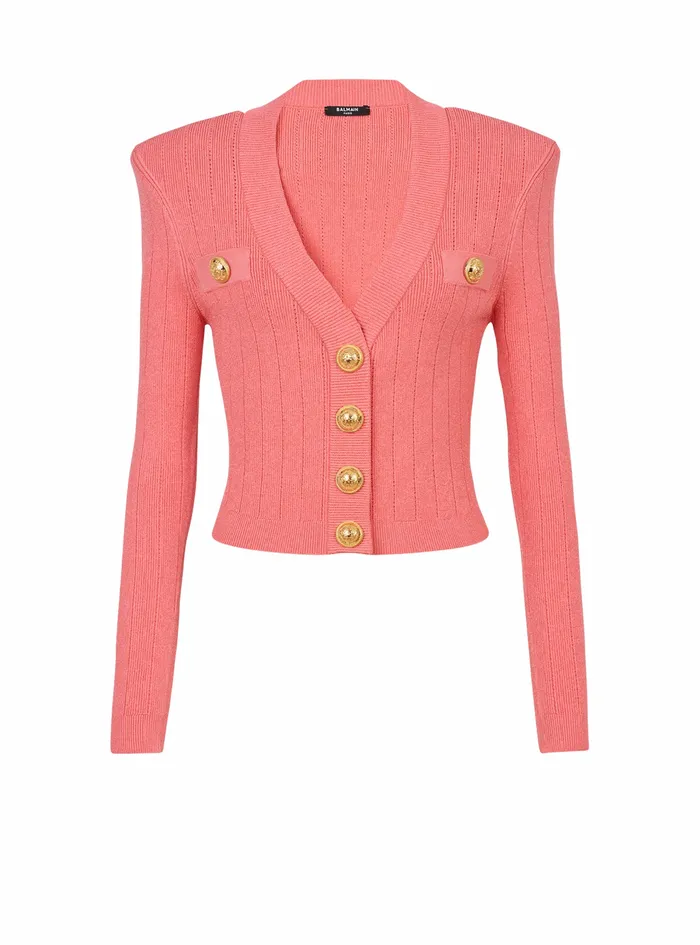 Balmain Knitwear Womens Cropped EcoDesigned Knit Cardigan With GoldTone Buttons Pink Balmain Knitwear Womens Cropped EcoDesigned Knit Cardigan With GoldTone Buttons Pink