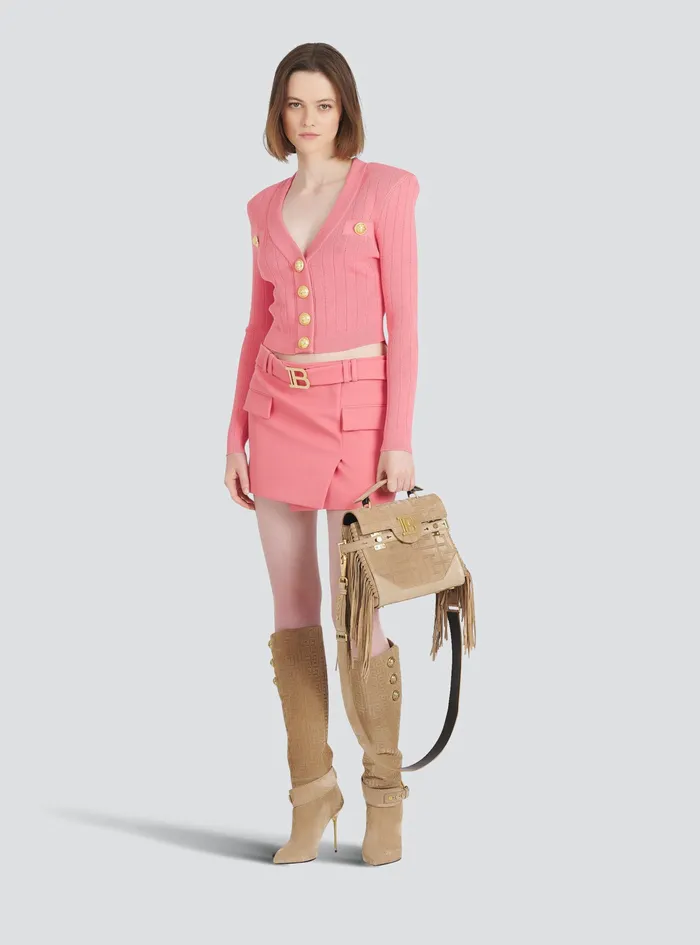 Balmain Knitwear Womens Cropped EcoDesigned Knit Cardigan With GoldTone Buttons Pink Balmain Knitwear Womens Cropped EcoDesigned Knit Cardigan With GoldTone Buttons Pink